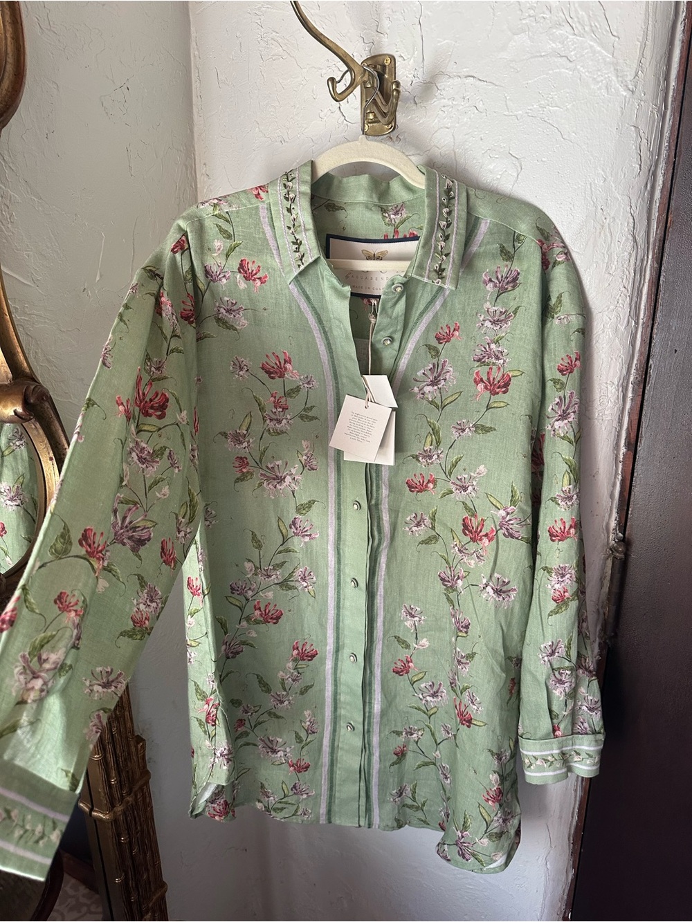 Agua Bendita Cecelia Honeysuckle Linen Button-Down Shirt size M/L